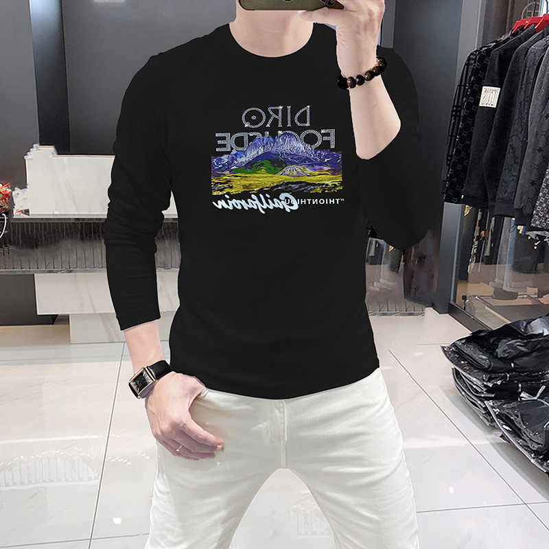 남성용 긴팔 티셔츠, 산 그림과 라인스톤 장식, 둥근  - Undershirt Crew Neck 리뷰 및 가격