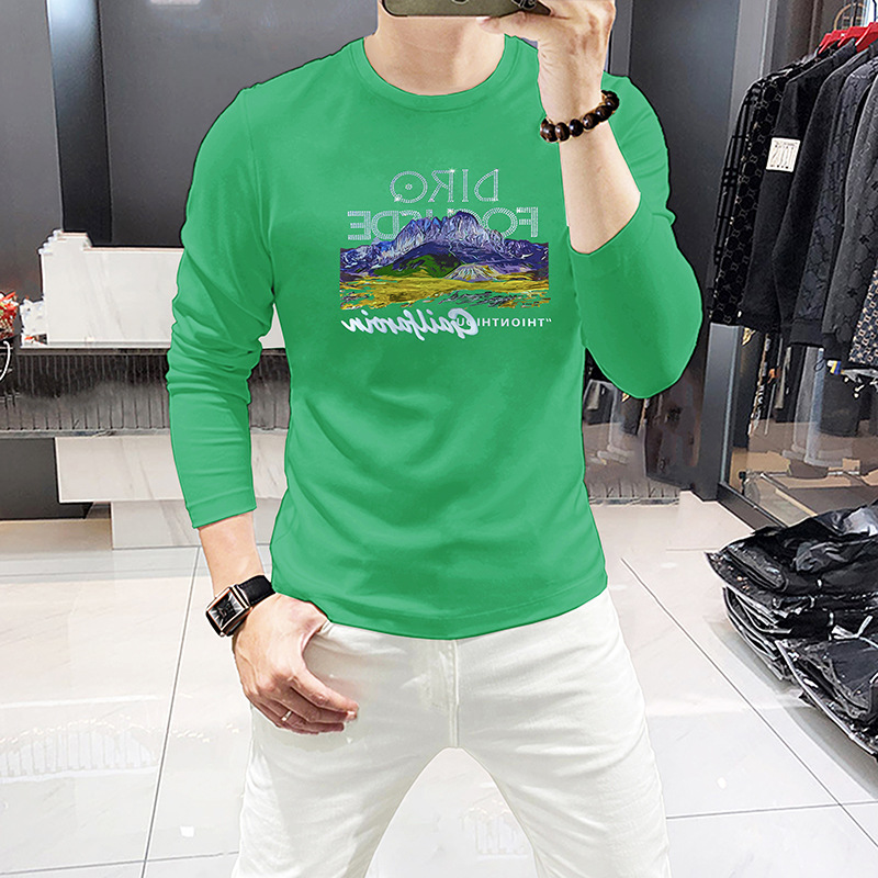남성용 긴팔 티셔츠, 산 그림과 라인스톤 장식, 둥근  - Undershirt Crew Neck 리뷰 및 가격